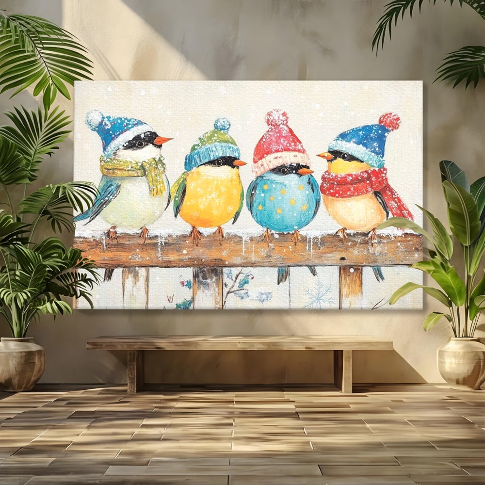 Tablou canvas cu tablou canvas cu vrabiute colorate in iarna, fara rama, pe sasiu de lemn